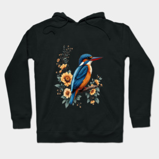 Common Kingfisher with Vintage Sunlit Botanical Blooms Hoodie
