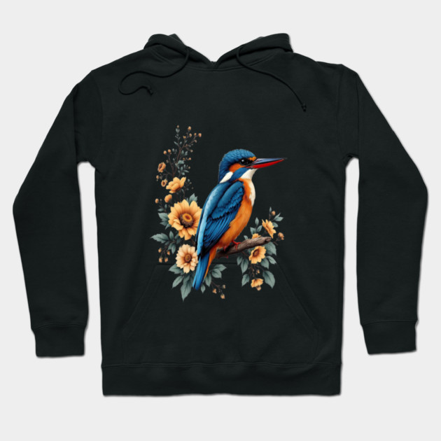 Common Kingfisher with Vintage Sunlit Botanical Blooms Hoodie by BirdsnStuff