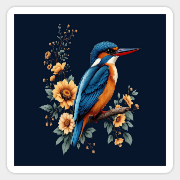 Common Kingfisher with Vintage Sunlit Botanical Blooms Magnet by BirdsnStuff