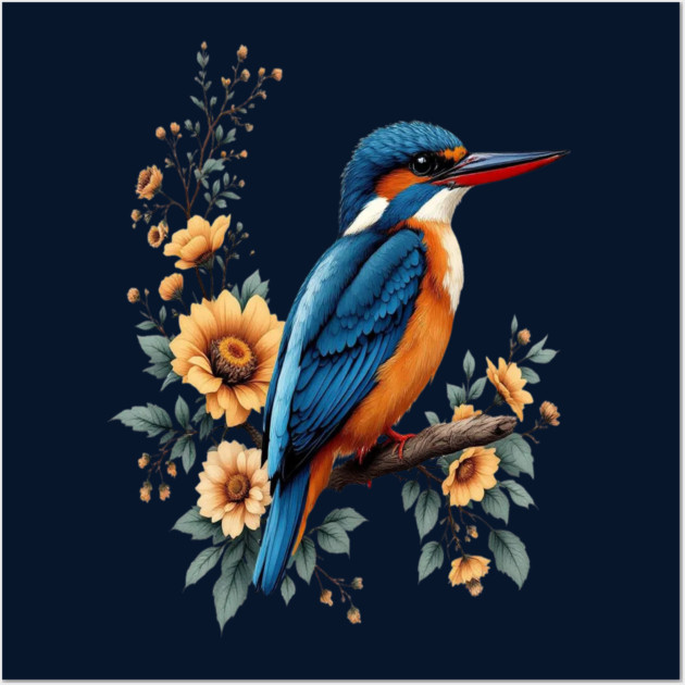 Common Kingfisher with Vintage Sunlit Botanical Blooms Wall Art by BirdsnStuff