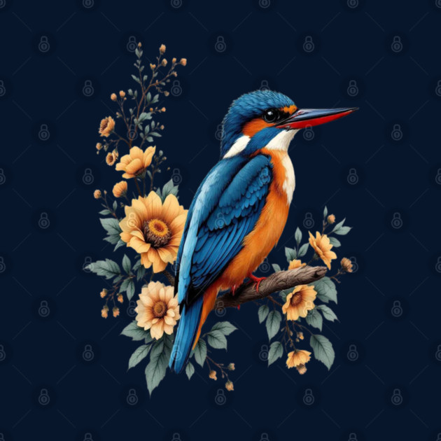 Common Kingfisher with Vintage Sunlit Botanical Blooms by BirdsnStuff