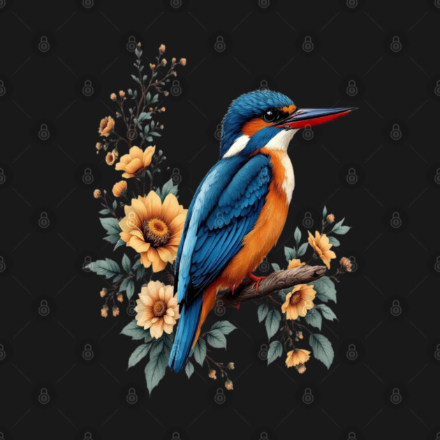 Common Kingfisher with Vintage Sunlit Botanical Blooms by BirdsnStuff