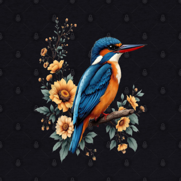 Common Kingfisher with Vintage Sunlit Botanical Blooms by BirdsnStuff