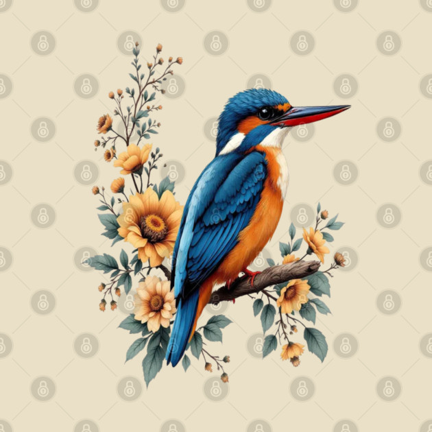 Common Kingfisher with Vintage Sunlit Botanical Blooms by BirdsnStuff