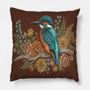 Common Kingfisher with Rustic Autumn Botanical Florals Pillow