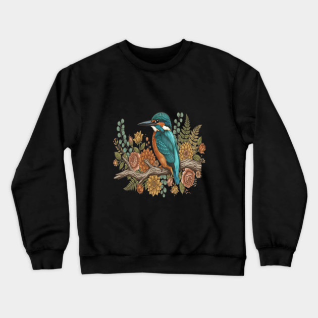 Common Kingfisher with Rustic Autumn Botanical Florals Crewneck Sweatshirt by BirdsnStuff