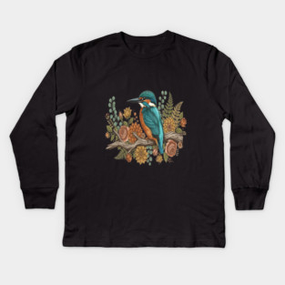 Common Kingfisher with Rustic Autumn Botanical Florals Kids Long Sleeve T-Shirt