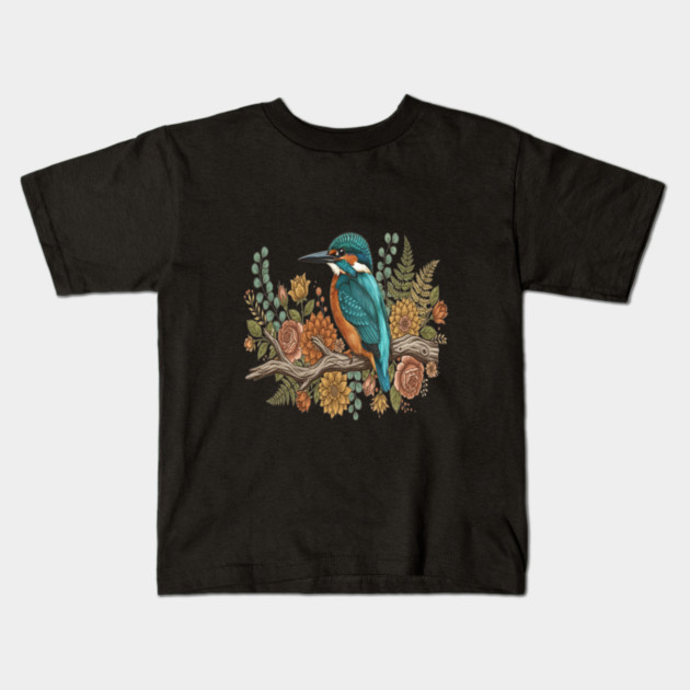Common Kingfisher with Rustic Autumn Botanical Florals Kids T-Shirt by BirdsnStuff