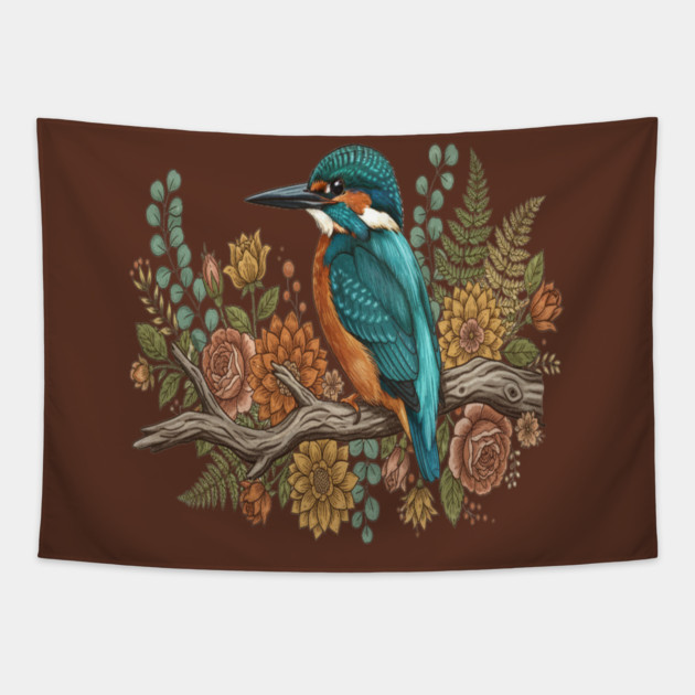 Common Kingfisher with Rustic Autumn Botanical Florals Tapestry by BirdsnStuff