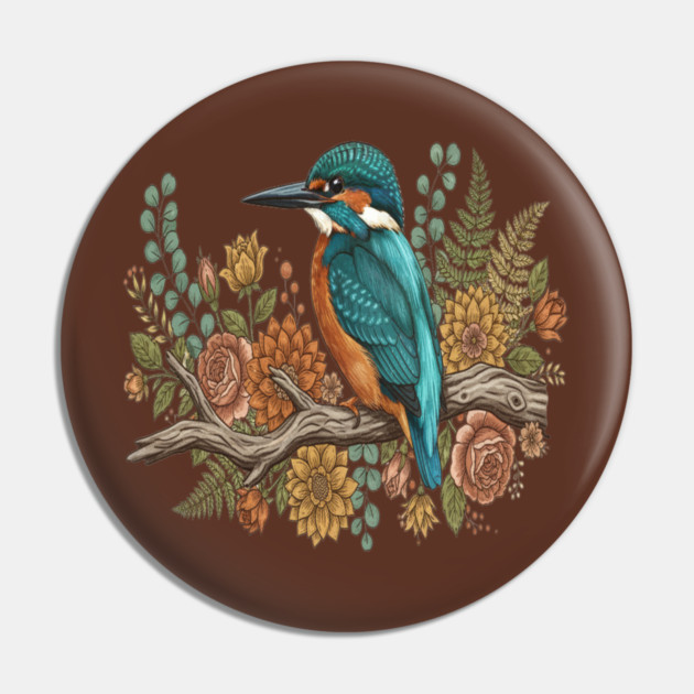 Common Kingfisher with Rustic Autumn Botanical Florals Pin by BirdsnStuff