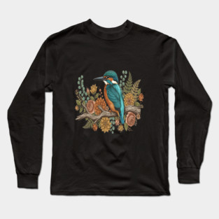 Common Kingfisher with Rustic Autumn Botanical Florals Long Sleeve T-Shirt