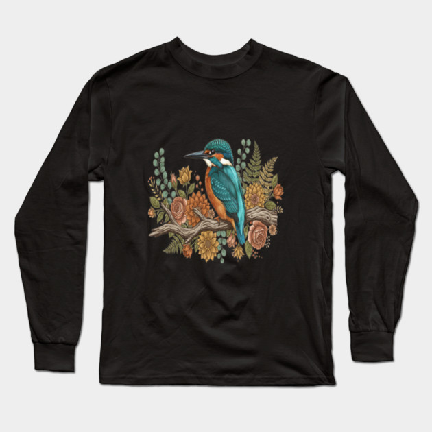 Common Kingfisher with Rustic Autumn Botanical Florals Long Sleeve T-Shirt by BirdsnStuff