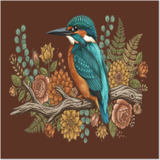 Common Kingfisher with Rustic Autumn Botanical Florals Posters and Art