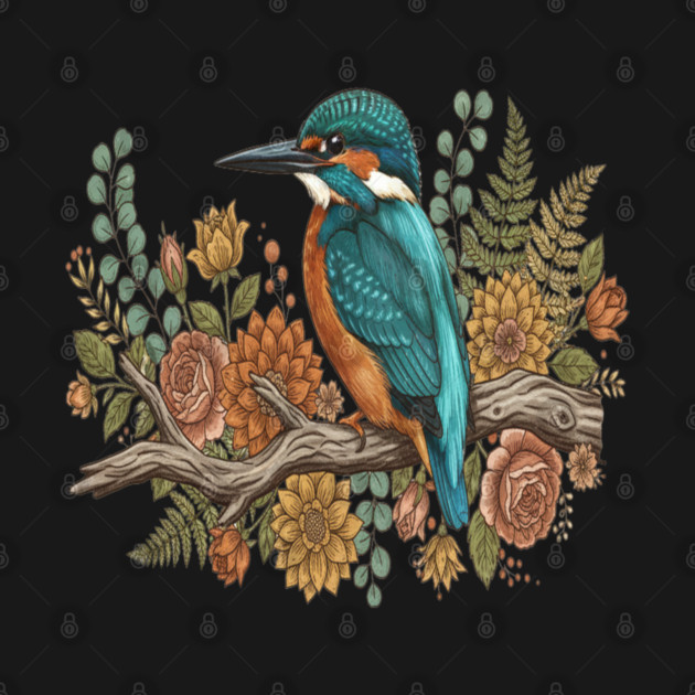 Common Kingfisher with Rustic Autumn Botanical Florals by BirdsnStuff