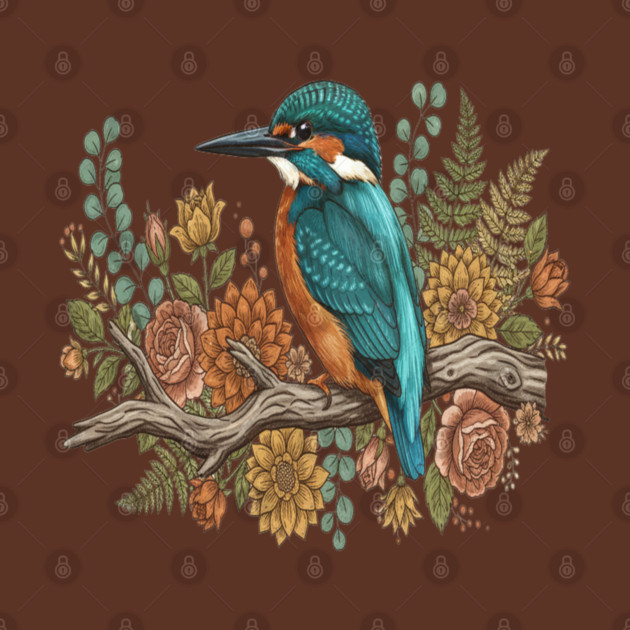 Common Kingfisher with Rustic Autumn Botanical Florals by BirdsnStuff
