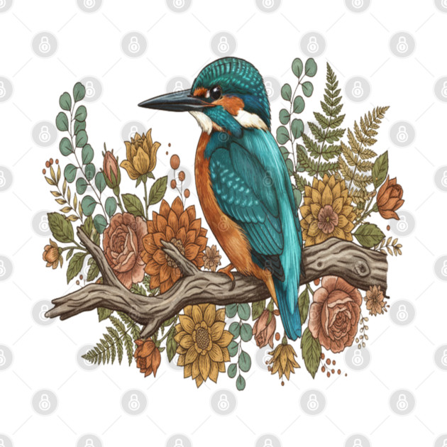 Common Kingfisher with Rustic Autumn Botanical Florals by BirdsnStuff