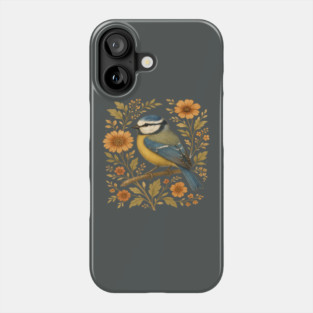 Blue Tit with Rustic Golden Floral Botanical Accents Phone Case