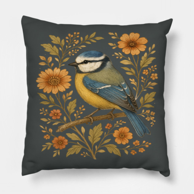 Blue Tit with Rustic Golden Floral Botanical Accents Pillow by BirdsnStuff