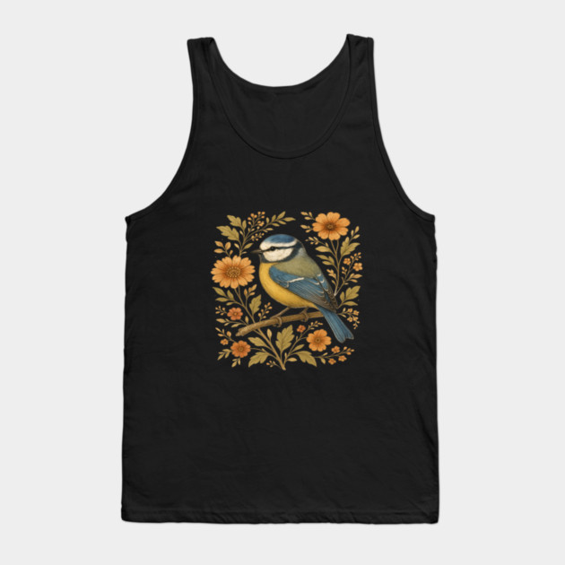Blue Tit with Rustic Golden Floral Botanical Accents Tank Top by BirdsnStuff