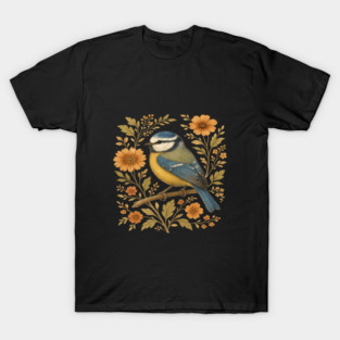 Blue Tit with Rustic Golden Floral Botanical Accents T-Shirt
