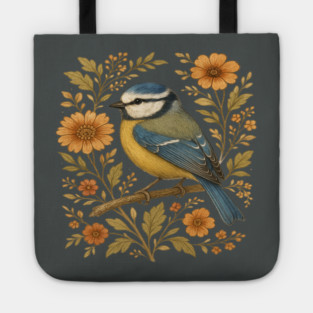 Blue Tit with Rustic Golden Floral Botanical Accents Tote