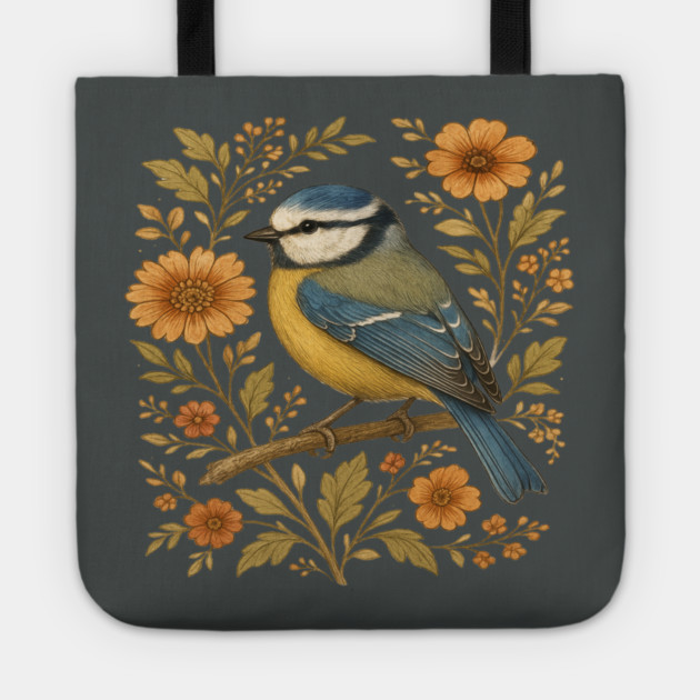 Blue Tit with Rustic Golden Floral Botanical Accents Tote by BirdsnStuff