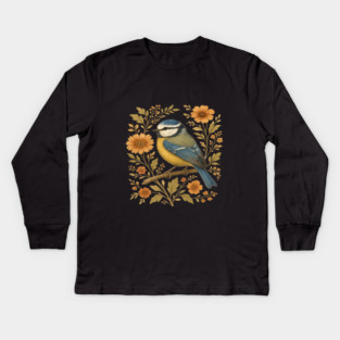 Blue Tit with Rustic Golden Floral Botanical Accents Kids Long Sleeve T-Shirt