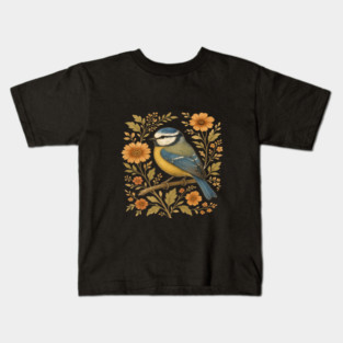 Blue Tit with Rustic Golden Floral Botanical Accents Kids T-Shirt