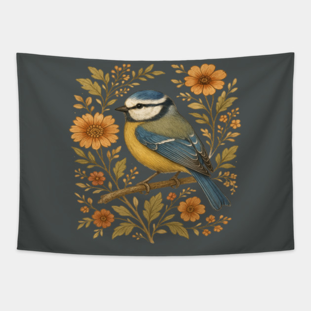 Blue Tit with Rustic Golden Floral Botanical Accents Tapestry by BirdsnStuff