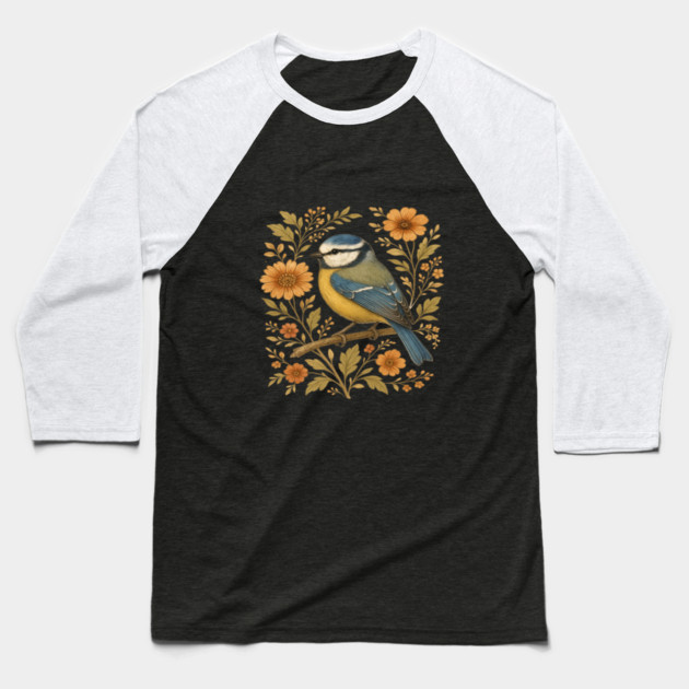Blue Tit with Rustic Golden Floral Botanical Accents Baseball T-Shirt by BirdsnStuff