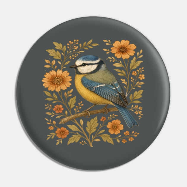 Blue Tit with Rustic Golden Floral Botanical Accents Pin by BirdsnStuff