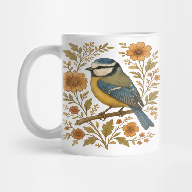 Blue Tit with Rustic Golden Floral Botanical Accents by BirdsnStuff