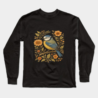 Blue Tit with Rustic Golden Floral Botanical Accents Long Sleeve T-Shirt