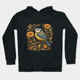 Blue Tit with Rustic Golden Floral Botanical Accents Hoodie