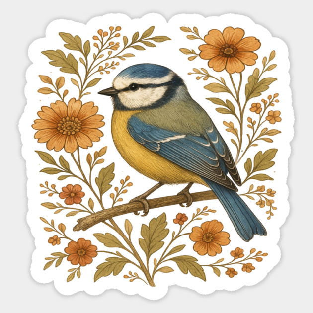 Blue Tit with Rustic Golden Floral Botanical Accents Magnet by BirdsnStuff