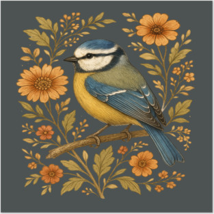 Blue Tit with Rustic Golden Floral Botanical Accents Posters and Art