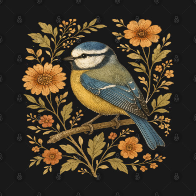 Blue Tit with Rustic Golden Floral Botanical Accents by BirdsnStuff