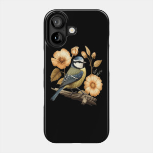 Blue Tit with Vintage Golden Botanical Florals Phone Case