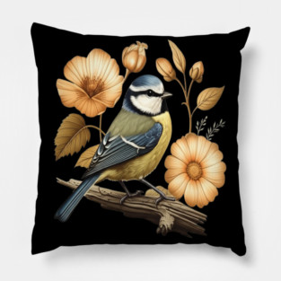 Blue Tit with Vintage Golden Botanical Florals Pillow