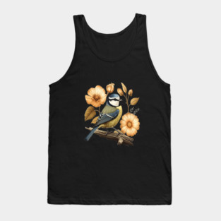 Blue Tit with Vintage Golden Botanical Florals Tank Top