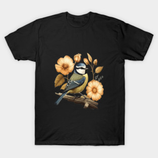 Blue Tit with Vintage Golden Botanical Florals T-Shirt