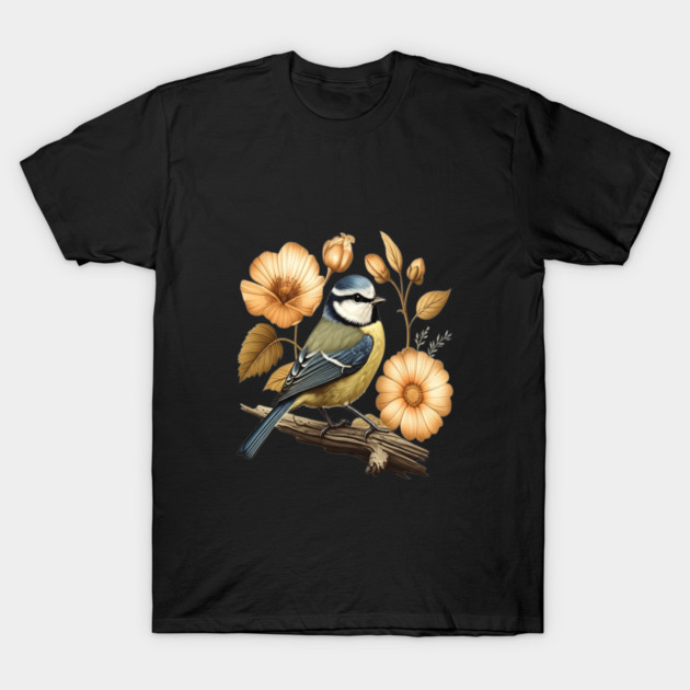 Blue Tit with Vintage Golden Botanical Florals T-Shirt by BirdsnStuff