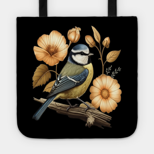 Blue Tit with Vintage Golden Botanical Florals Tote by BirdsnStuff