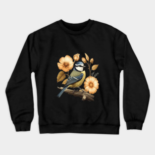 Blue Tit with Vintage Golden Botanical Florals Crewneck Sweatshirt
