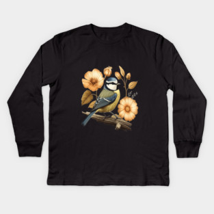 Blue Tit with Vintage Golden Botanical Florals Kids Long Sleeve T-Shirt