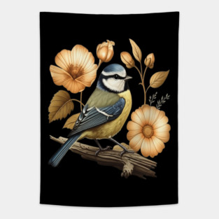 Blue Tit with Vintage Golden Botanical Florals Tapestry