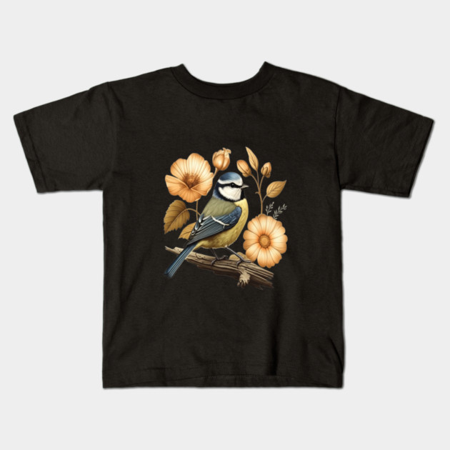 Blue Tit with Vintage Golden Botanical Florals Kids T-Shirt by BirdsnStuff