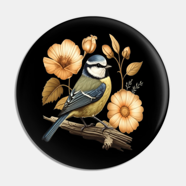 Blue Tit with Vintage Golden Botanical Florals Pin by BirdsnStuff