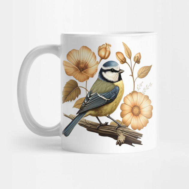 Blue Tit with Vintage Golden Botanical Florals by BirdsnStuff