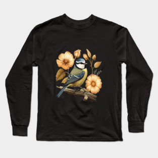 Blue Tit with Vintage Golden Botanical Florals Long Sleeve T-Shirt